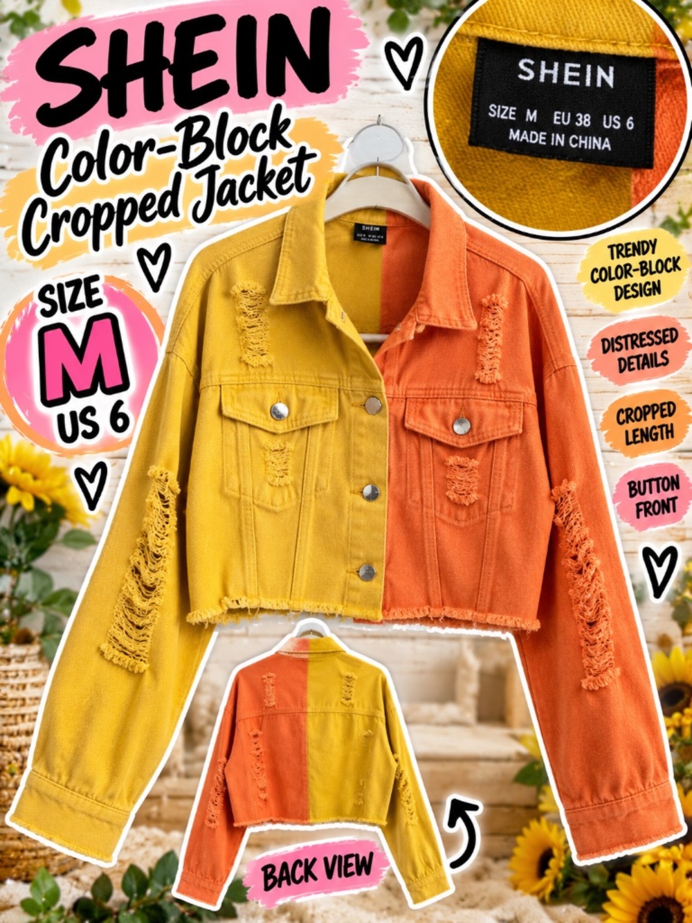 SHEIN Bold Color Block Distressed Crop Jacket Yellow Orange Size M